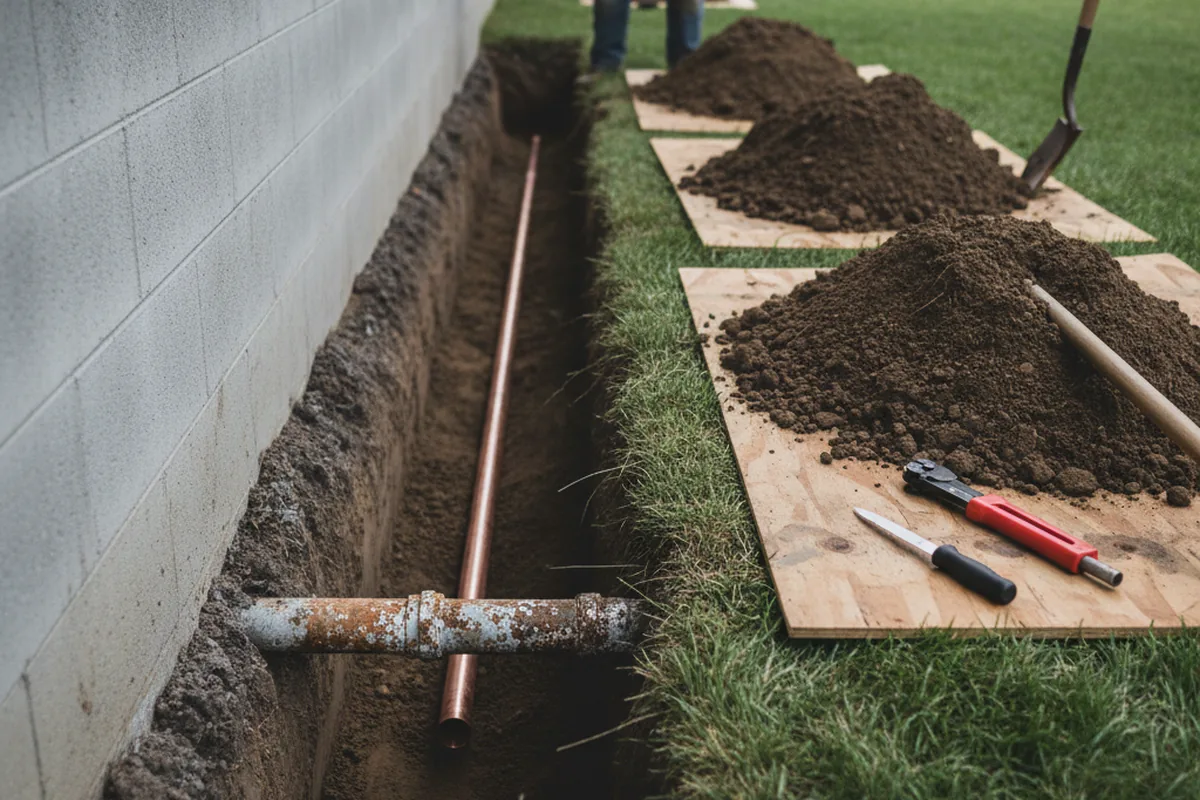 Excavated water line trench during Water Heater Repair in Bargersville